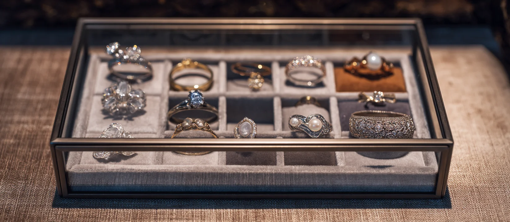 A jewelry display glass box with a golden metal frame and a soft lining is open to show the stacks jewelry organizers.